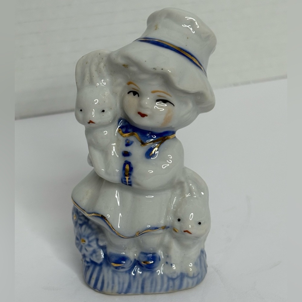 Charming Blue and White Porcelain Figurine Girl with Two Bunnies Vintage